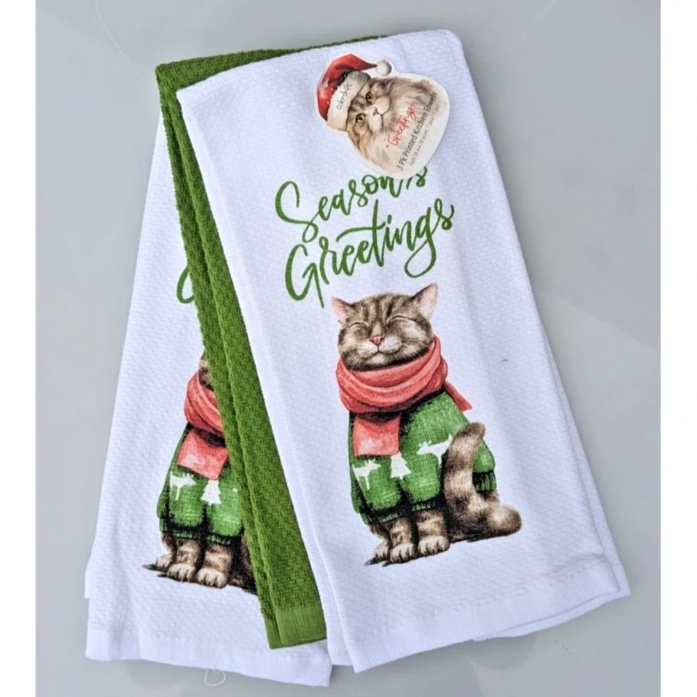Colordrift CHRISTMAS Kitchen Towels Set of 3 Tabby Cat Kitten Seasons‎ Greetings
